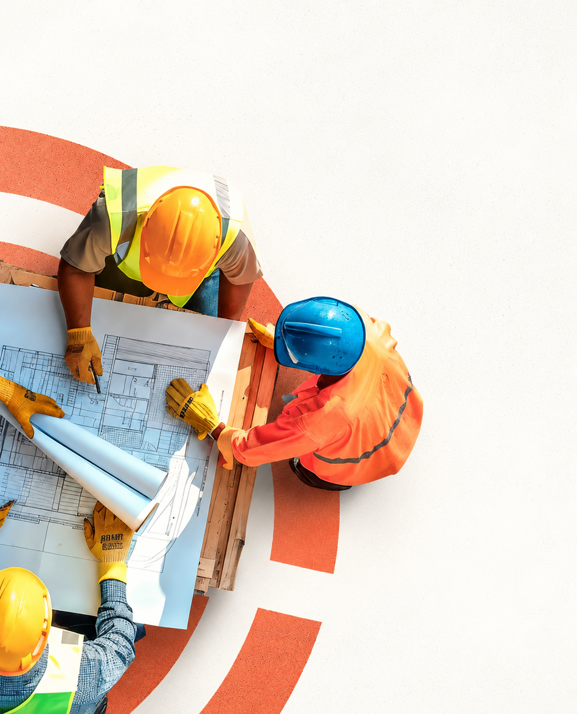 Overhead view of a crew reviewing project drawings on site