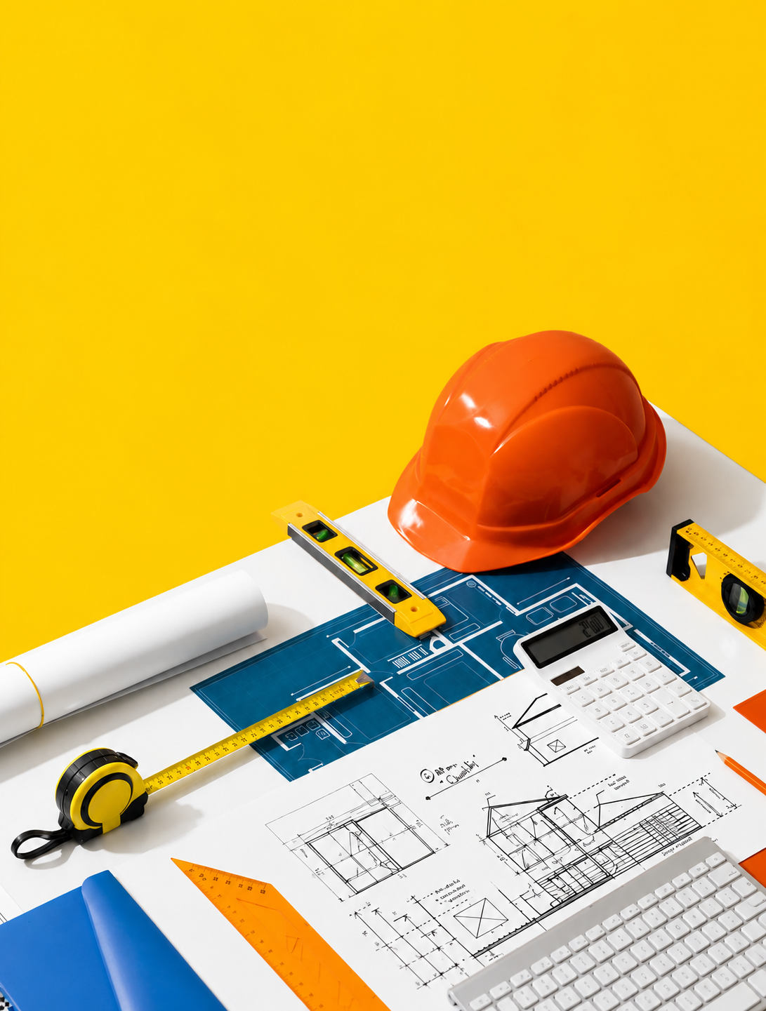 Hard hat, level, tape measure and blueprints laid out on a desk
